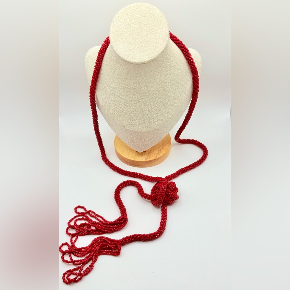 Antique Art Deco Red Glass Beaded Flapper Sautoir Lariat Necklace